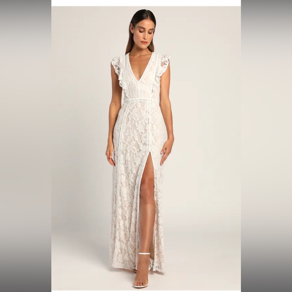 Lulus This Moment in Time White Lace Ruffled Maxi Dress